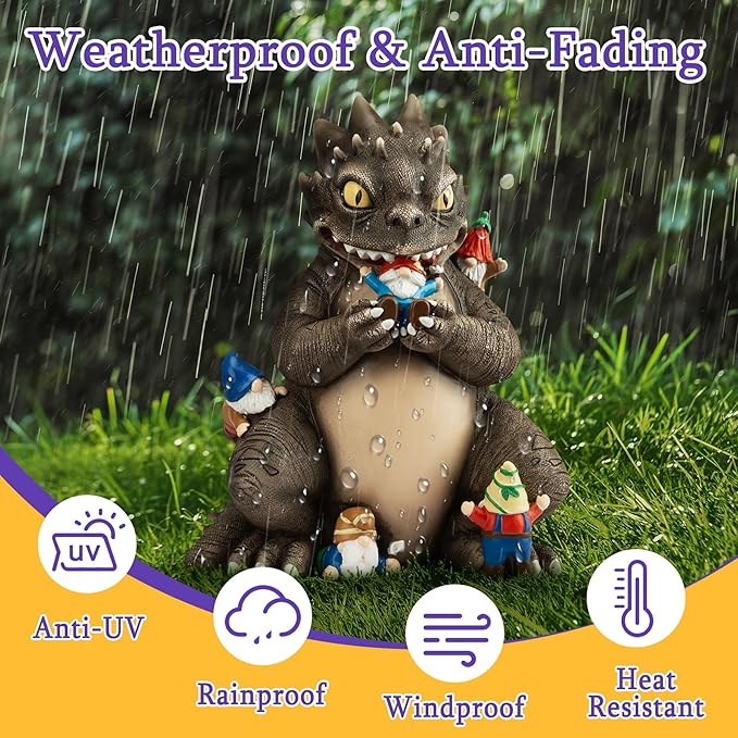 Garden Decor Statue, Dinosaur Eating Gnomes Garden Statues Outdoor Decor, Funny Monster Gnome Figurine Outside Clearance for Patio Yard Decorations