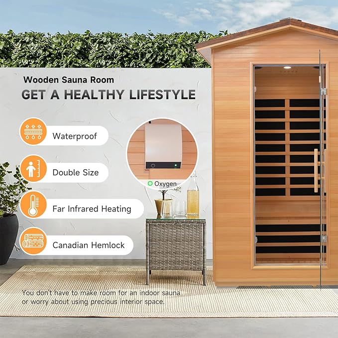 Outdoor Sauna Far Infrared Saunas Dry Sauna Room Canadian Hemlock Wood Wooden Sauna Spa 1950W Low-EMF with Cup Holder and Towel Rack for Two Person 47 * 39 * 82inch