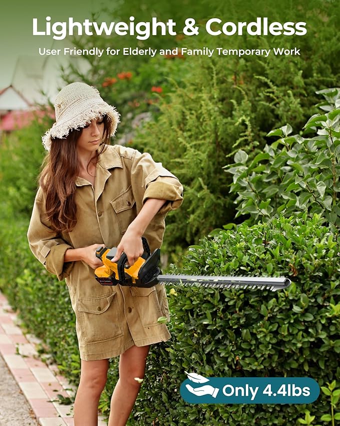 20'' Hedge Trimmer Cordless with 2pcs 4000mAh Battery, Electric Handheld Bush Clipper with Rechargeable Batteries, 3000RPM 180° Rotatable Head, 2/3'' Blade Gap, Yellow