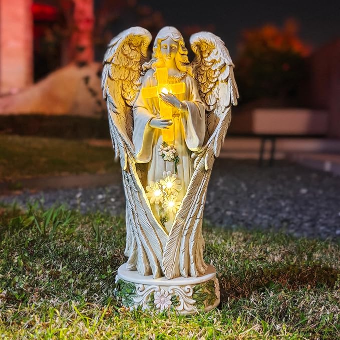 Angel Statue for Garden, Solar Angel for Cemetery Decorations, Unique Funeral Memorial Gifts, Praying Angel Cross Memorial Statue