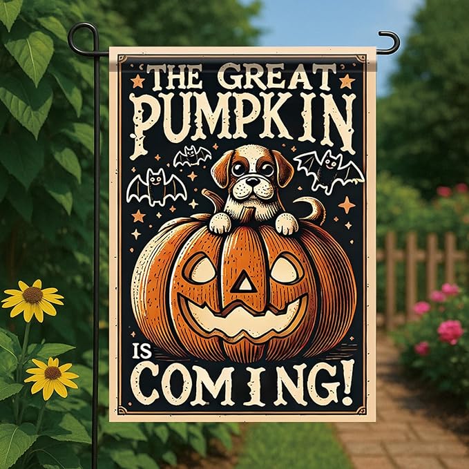 Halloween Garden Flag Pumpkin Dog Design Outdoor Yard Banner Autumn Fall Decoration Jack O Lantern Pumpkin Lawn Holiday Party Home Decor 12x18 Inch Double Sided Seasonal House Flag