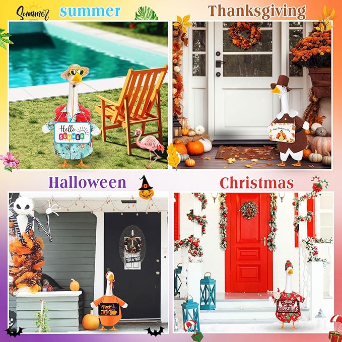 8 Set Seasonal Holiday Goose Outfits Hanging Signs Fall Halloween Christmas Porch Statue Outfits All Seasons Holiday 23" Goose Clothes Patio Lawn Outdoor Decors(Cool Style)
