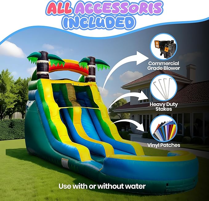 Inflatable Water Slide for Kids and Adults with Splash Pool, Commercial Grade Tropical Backyard Water Park with Slide, Outdoor Fun, Works with Water or Dry Play, 26ft x 9ft x 16ft - with Blower