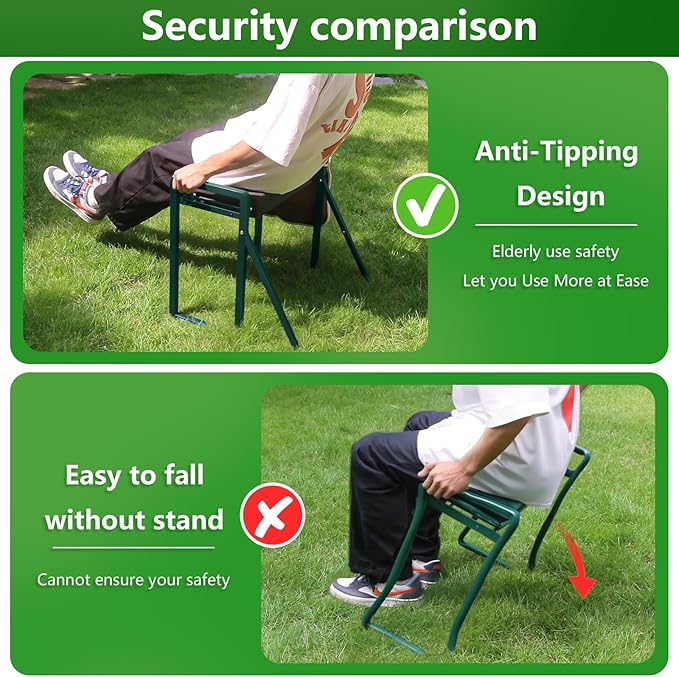 Heavy Duty Garden Kneeler and Seat for Elderly, 400lbs Capacity Foldable Gardening Stool with Support Legs & Thick Pad, Includes Large Tool Organizer Bag, Green