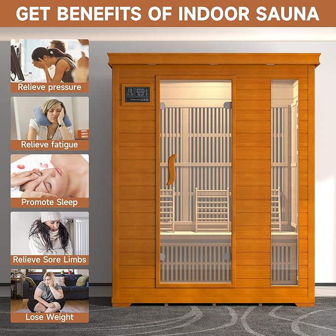springspa 3 Person Infrared Sauna Indoor, 15amp Low EMF Far Infrared Canadian Hemlock Sauna with 2 LCD Panels, Bluetooth