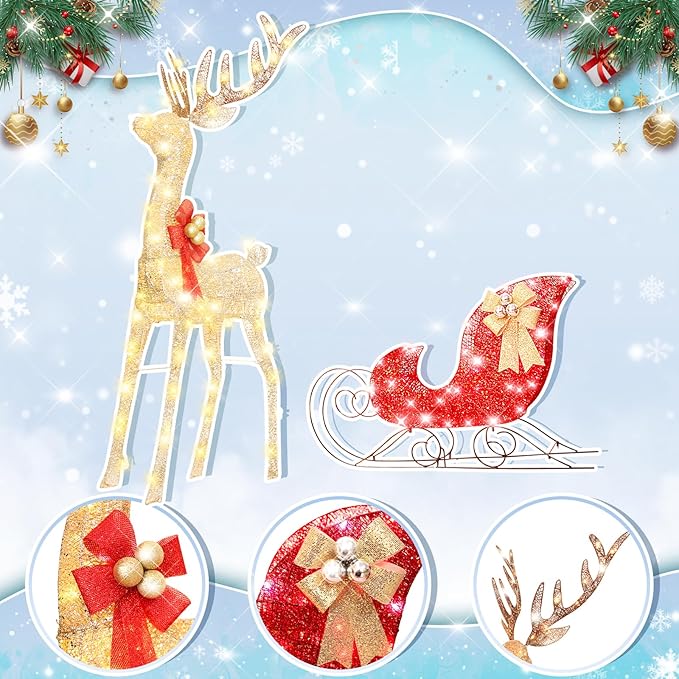 54”Christmas Deer Sleigh Set Outdoor Indoor Decoration 3D Lighted Reindeer Red Sleigh Holiday Display Christmas Tree Decorations Lighted up Santa Sleigh Porch/Lawn/Yard/Garden Addition