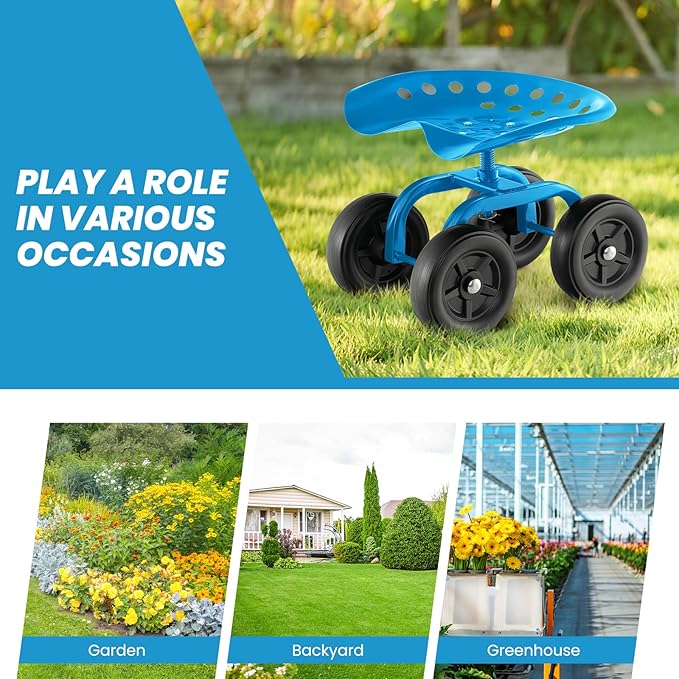 Rolling Garden Seat, Garden Cart with 360° Swivel Work Seat & Adjustable Height, Heavy Duty Garden Seat with Wheels for Lawn Yard Patio Greenhouse Planting Cleaning (Blue)