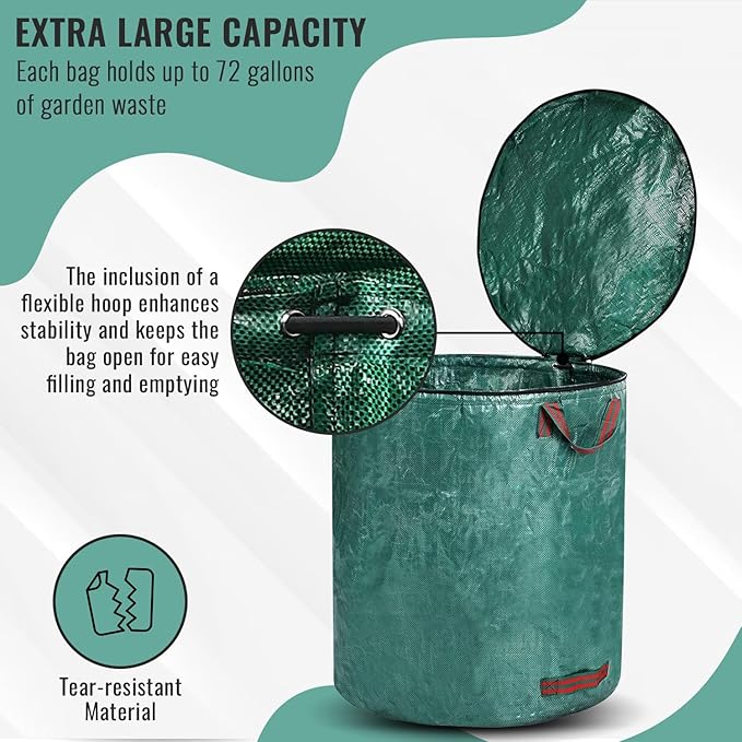 Gardenpal 3 Pack 72 Gallons Reusable Yard Waste Bags with lid, Garden Waste Bags Container Heavy Duty with 4 Handles