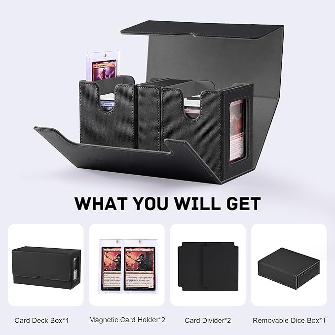 Trading Card Deck Box with Commander Display，3 in 1 MTG Storage Holds 200 Double-Sleeved Cards，2 Deck Boxes & Dice Tray Included，Fits MTG, TCG, PTCG & Sports Cards