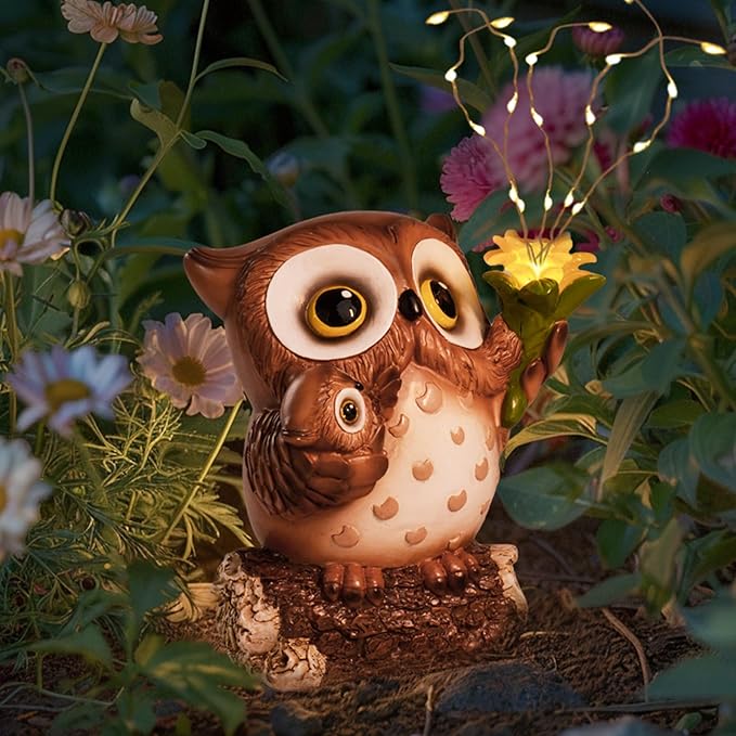 Solar Garden Statues Outdoor Decor, Fairy Owl Statue Garden Decor, Resin Yard Decorations Outdoor for Patio, Porch, Balcony, Lawn Ornaments, House Warming Birthday Gifts for Mom Women Grandma