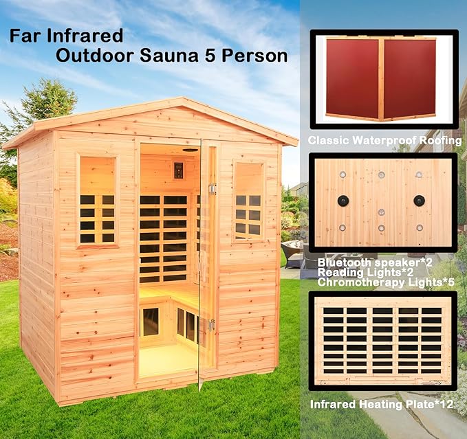 Fir Wood 5-6 Person Low emf Far Infrared Outdoor Sauna, Indoor/Outdoor Wooden Sauna, Withstand Temp -5℉-104℉ with 18 Low EMF Heating Panels & Reading Lights & Chromotherapy Lights & Bluetooth Speaker