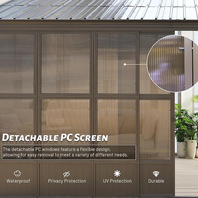 12'x20' Lean to Sunroom, All Weather Wall Mounted Sun Room, Hardtop Aluminum Solarium Gazebo with Galvanized Steel Roof, 3 Sliding Doors, PVC Screen, Outdoor Enclosed Sun Room for Patio, Deck