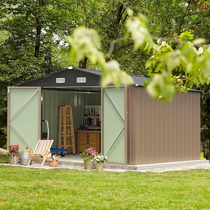 Furniwell 10x10 FT Outdoor Storage Shed, Metal Garden Sheds Outdoor Storage House with Single Lockable Door for Backyard Patio Lawn, Brown