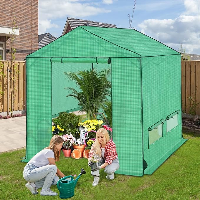 8x8 Pop Up Walk-in Greenhouse, Indoor & Outdoor PE Cover Green House w/ Power Access Ports, Roll-up Zippered Doors and Windows, Green