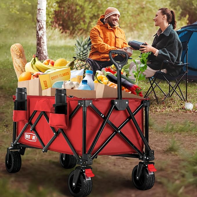 Overmont Collapsible Wagon Cart with Wheels - 180L Foldable Heavy Duty Wagon with Big All-Terrain Wheels - 330Lbs Weight Capacity with Side Pockets for Camping Sports Garden Grocery Shopping red