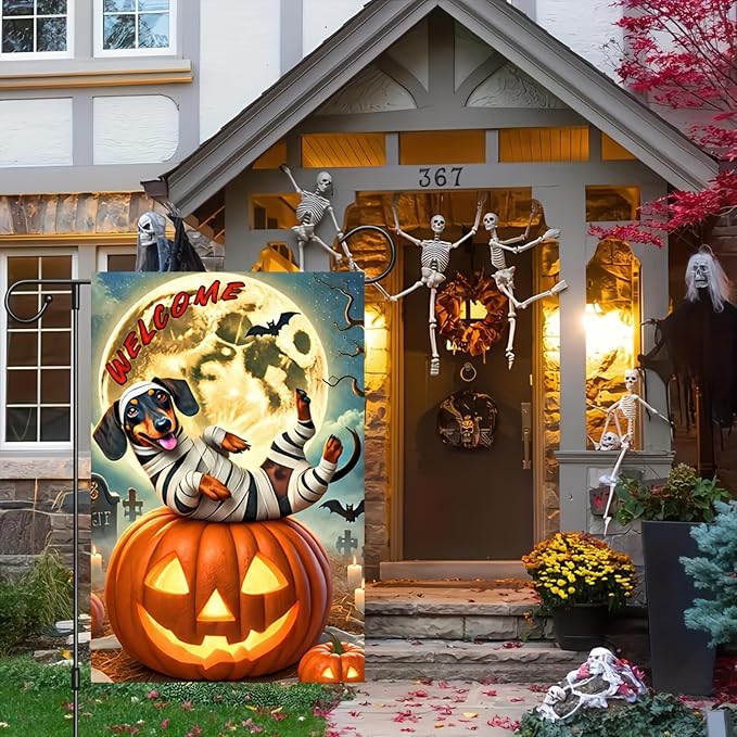 Happy Halloween Garden Flags 12x18 Inch Vertical Double Sided Skeleton Dachshund Dog Garden Flag Small Yard Pumpkin Flag for Outdoor Decor Outside Decoration Banner