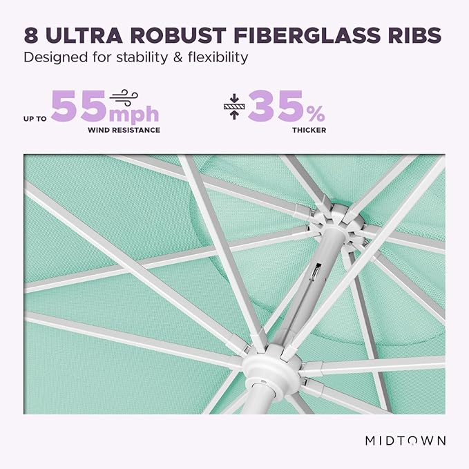 Midtown Umbrellas The Swilt 9 Feet Patio Umbrella in Sunbrella Canvas Glacier Acrylic Fabric - Fiberglass Ribs, Auto-Tilt Aluminum Frame For Backyard, Deck, Garden, Pool - White Pole