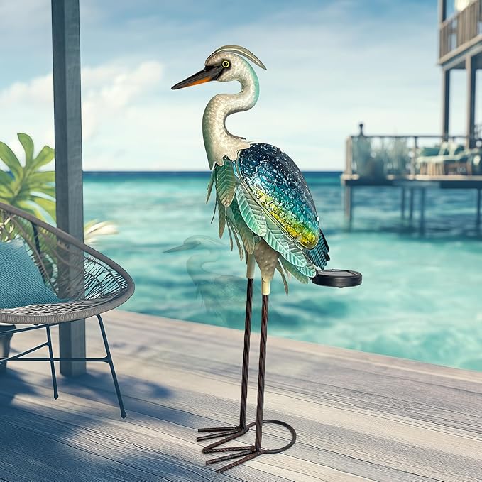 HONGLAND Solar Heron Metal Crane Statue Garden Heron Sculpture, Glass Outdoor Crane Yard Art Coastal Ocean Bird Decor 24 Inch Lawn Ornament for Backyard Porch Patio Decor（Green）