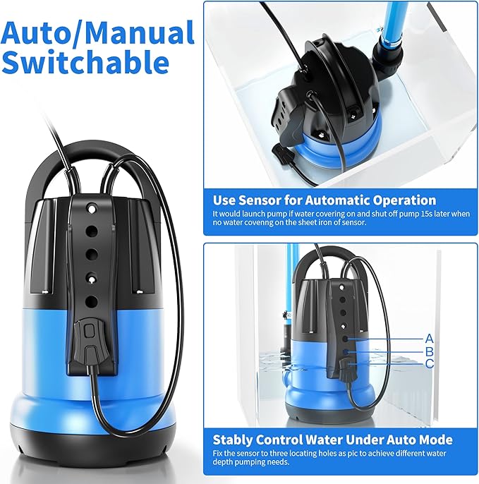 FOTING Sump Pump Automatic 3/4HP Clean/Dirty Submersible Water Pump, 3500GPH Utility Pump Thermoplastic Electric Portable Transfer Water Pump for Swimming Pool Garden Pond Basement with 16ft Long Cord