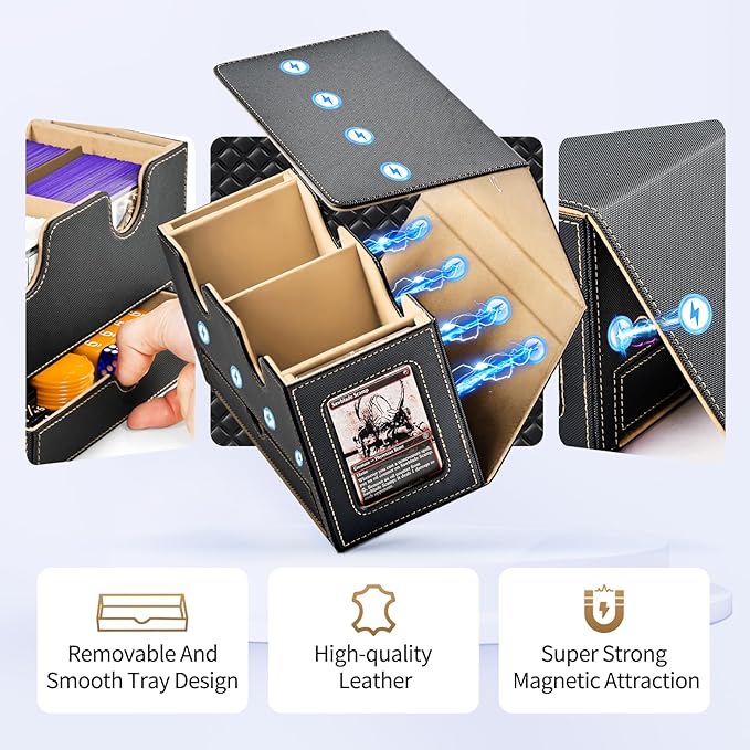 MTG Deck Box with 2 Commander Display and Dice Tray-Patented Design, Double Deck Box for 280+ Single Sleeved Cards, Leather Magnetic Card Storage Box Fits for TCG CCG Magic Cards (Black&Khaki)