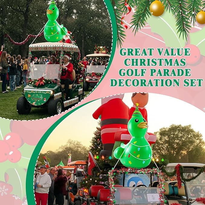 Hungdao 9 Pcs Christmas Golf Cart Parade Decorations Include 1 Pcs 4 Feet Inflatable Giant Xmas Tree Duck with Float Bunting Flag Tinsel Garland for Christmas Car Yard Party Decoration