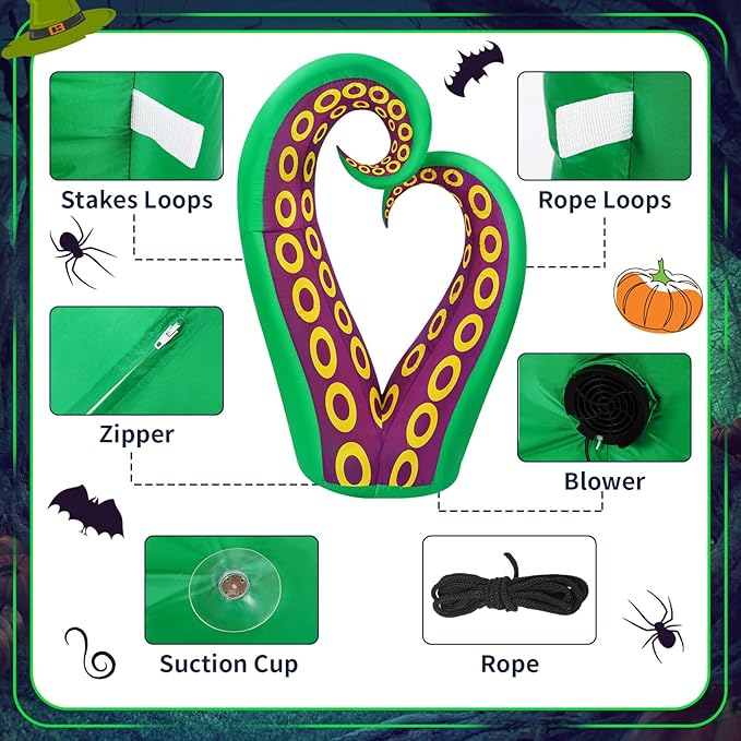 4 Pcs 6 FT Lighted Giant Inflatable Octopus Tentacles for House Trunk or Treat Blow up Halloween Car Decorations with Build in LED Lights for Window Door Roof Prop Outdoor