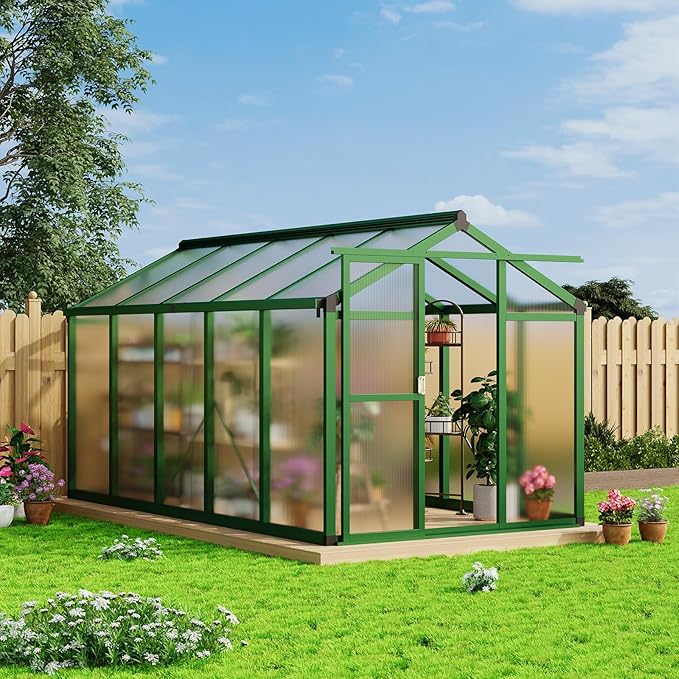 6x10 ft Greenhouse with Roof Vent, Aluminum Walk-in Greenhouses for Outdoors, Heavy Duty Garden House for Backyard, Patio, Easy Assembly