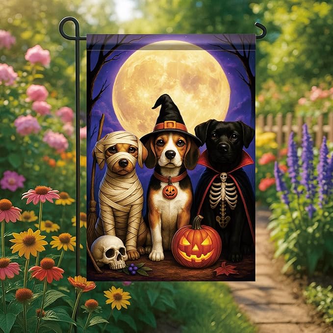 Halloween Fall Garden Flag Dog Costume Flag 12x18 Inch Double-Sided Beagle Labrador Mummy Skeleton Witch Pumpkin Yard Banner Autumn Outdoor Decor Porch Lawn Pathway Dog Lover Gift