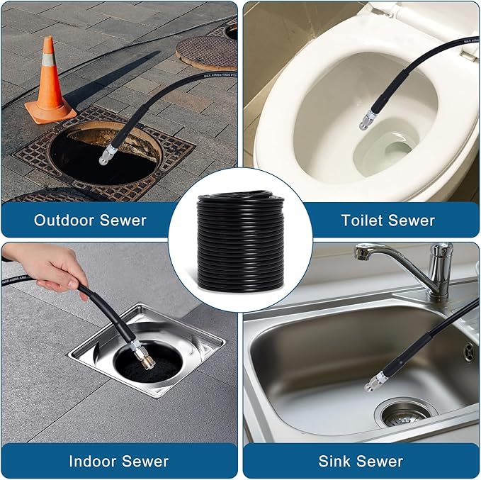 200FT Sewer Jetter Kit for Pressure Washer, 5800PSI Drain Cleaner Hose 1/4 Inch NPT Corner with 4 Sewer Jetting Nozzles，Waterproof Tape，Pearl Corsage Pin，Handle Strap & 2 Spanners (Black)