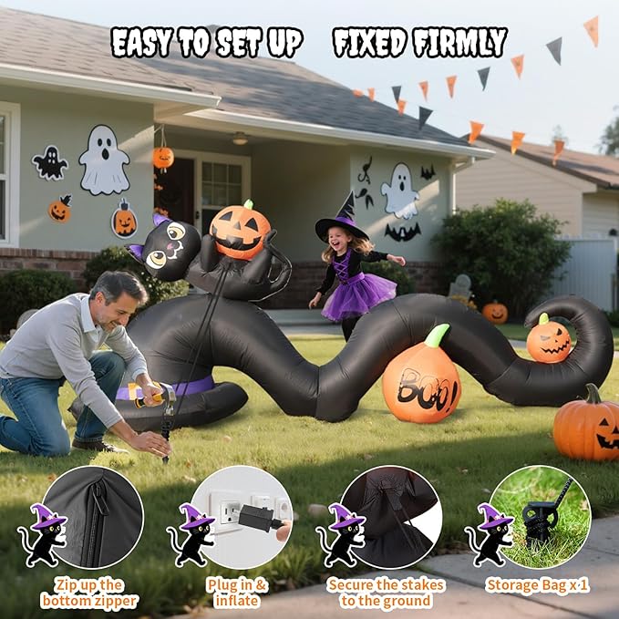 9FT Halloween Inflatable Witch Hat with Black Cat & Pumpkins, Large Blow Up Yard Decoration with 5 Built-in Lights, Cute Halloween Outdoor Inflatables for Party Garden Patio Lawn Decor