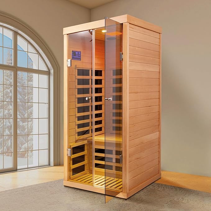 1 Person Infrared Sauna for Home Deluxe Transparent Large Glass Hemlock Wood Low EMF FAR Infrared Sauna, 1420 watts 7 Heating Panels Indoor Personal Saunas with Blue-Tooth, LCD Display