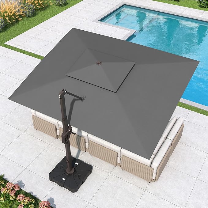 10x13 FT Cantilever Patio Umbrella with Base Included Double Top Outdoor Rectangular Large Heavy Duty Aluminum Offset Umbrellas with 7 Level Tilt 360-degree Rotation for Pool Garden Deck, Grey