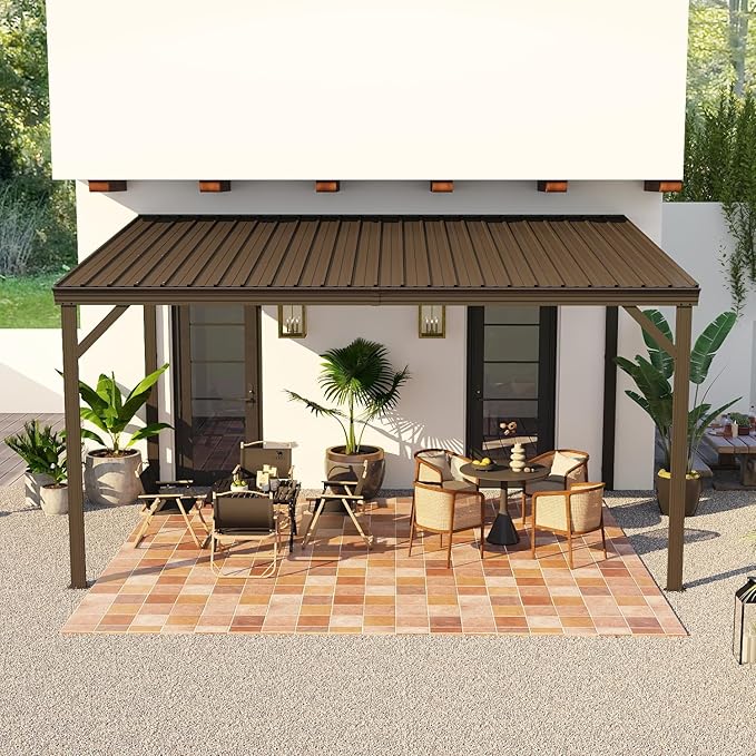 Domi 10’x14’ Wall-Mounted Hardtop Gazebo Pergola – Permanent Lean-to Outdoor Shelter with Sloped Galvanized Steel Roof & Upgraded Drainage – Grey Metal Patio Cover for Backyard, Deck, Garden, Brown
