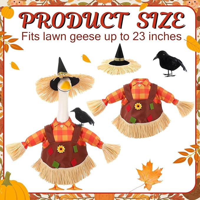 3 Pcs Thanksgiving Scarecrow Porch Goose Outfits for 23 Inch Lawn Statue Goose Design with Hat Thanksgiving Day Fall Garden Patio Yard Outdoor Party Decorations(Female Scarecrow)