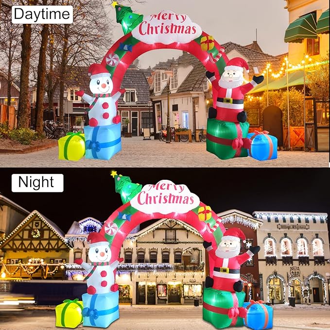 12.5FT Christmas Inflatables Archway, Inflatable Santa Claus and Snowman Sitting on Gift Boxes, Christmas Arch Blow Up Yard Decorations and LED Lights Built-in for Party Indoor, Outside, Garden, Lawn