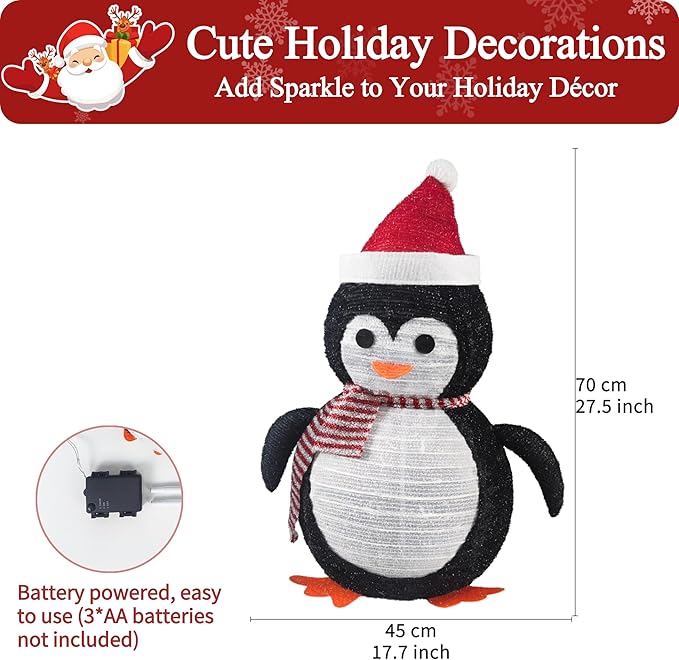 Lighted Christmas Penguin Decoration – Foldable & Collapsible Metal Frame, Battery Powered Waterproof Yard Ornament for Indoor & Outdoor Holiday Décor