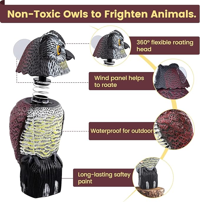 Fake Owl Decoys to Scare Birds Away, Waterproof 360° Rotating Head Hawks & Squirrel Deterrent, Patio Decoration Pest Control, Garden Owl Decoy for Outdoor Yard Patio Pools