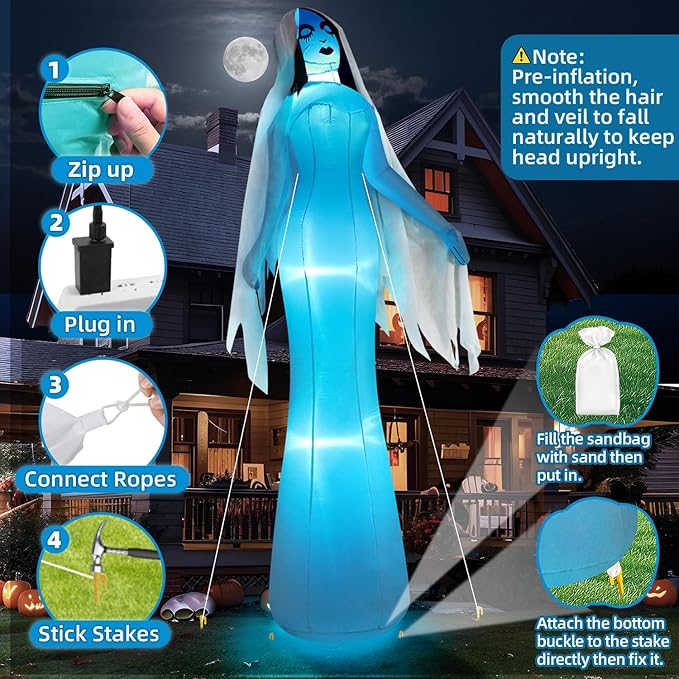 12FT Giant Halloween Inflatables Ghost Bride, Halloween Decorations Outdoor Blow Up Yard Decorations Built-in Whole-Body Blue Glowing LED Lights Huge Halloween Blowups for Outdoor Holiday