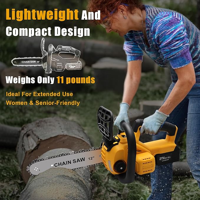 Chainsaw Cordless, 12 Inch Electric Chain Saw, Handheld Brushless Chainsaws with Tool-free Chain Tension & Auto Lubrication, 4000mah*2 Battery (12 Inch Chainsaw)