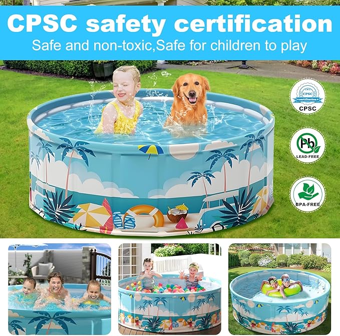 Foldable Swimming Pool for Kids 48"x18" Hard Plastic Portable Dog Pool Anti-Slip Collapsible Pets Bathtub Kiddie Pool Indoor Outdoor Backyard (Beach Party 48'')