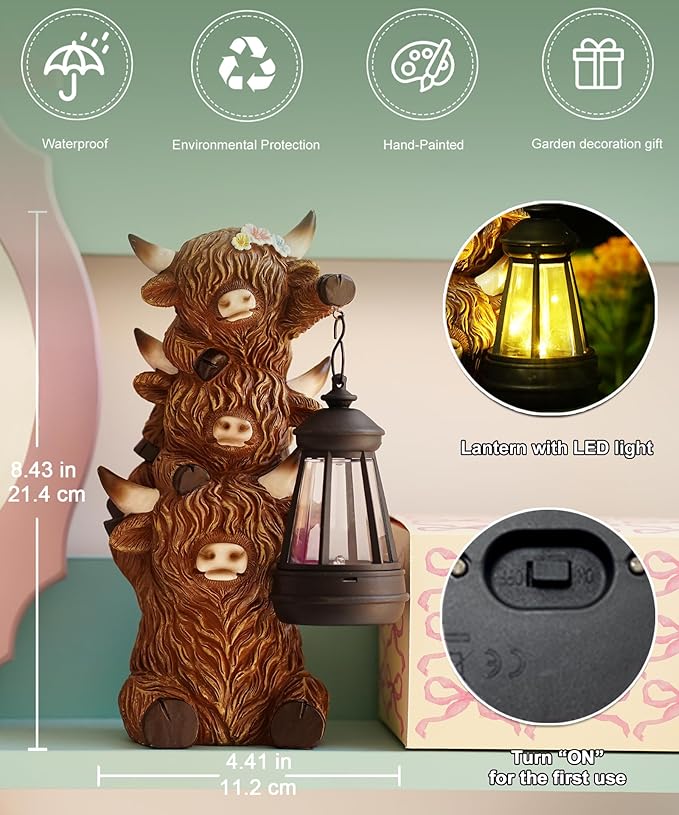 Solar Highland Cow Outdoor Decor:Garden Statue Outside Lantern Ornaments for Yard Lawn Patio Porch- Unique Gifts for Mom Women Grandma(Brown)