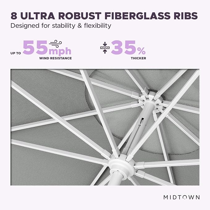 Midtown Umbrellas The Swilt 10 Feet Patio Umbrella in Terylast Matter (Grey) Polyester Fabric - Fiberglass Ribs, Auto-Tilt Aluminum Frame For Backyard, Deck, Garden, Pool - White Pole