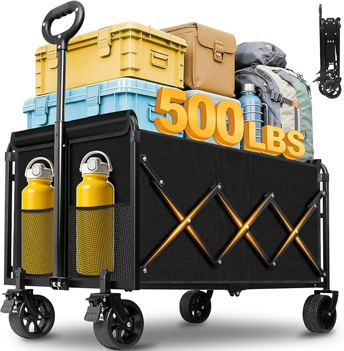 Yobller Wagons Carts Foldable,Large Capacity Foldable Wagon Cart Collapsible Wagon with Wheels & Drink Holders,Utility Folding Cart for Camping Garden Grocery Shopping