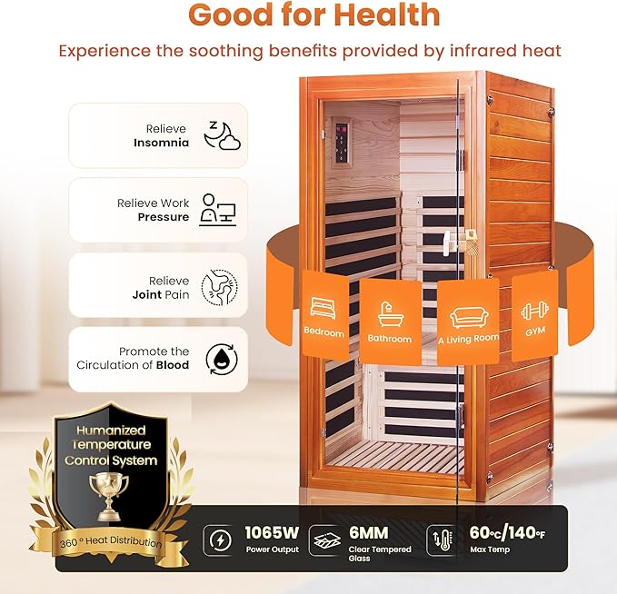 Far Infrared Sauna for Home 1 Person Indoor Wood Sauna Personal Spa Room 120V with Red Light Bluetooth Speakers 31.5"x31.5"x63"