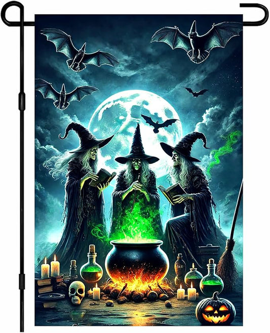 Halloween Witch Garden Flag Spooky Yard Banner Full Moon Bats Cauldron And Three Witches Double Sided 12x18 Outdoor House Flag For Lawn Porch Halloween Decoration Scary Seasonal Yard Sign