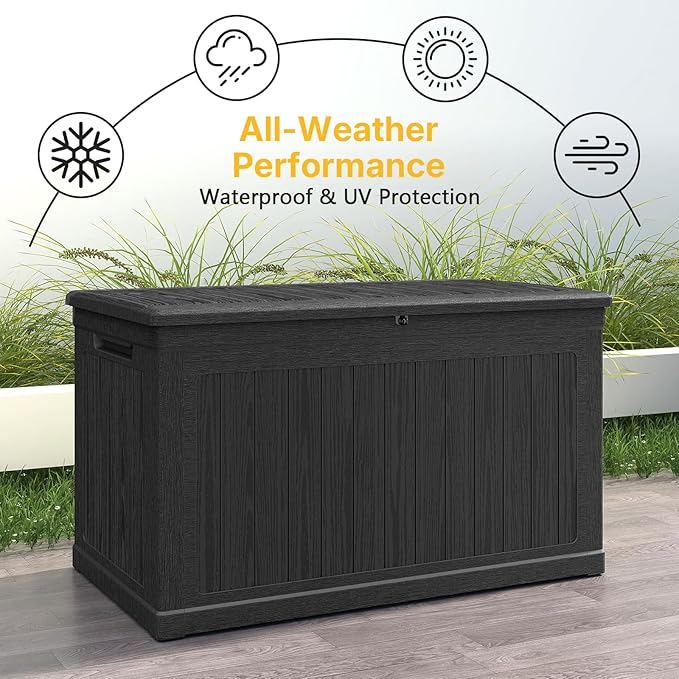 230 Gallon Deck Box, Outdoor Storage Box Waterproof and UV Resistant, Patio Storage Box Lockable Large, 440 lbs Load Capacity for Garden, Patio, Pool (Black)