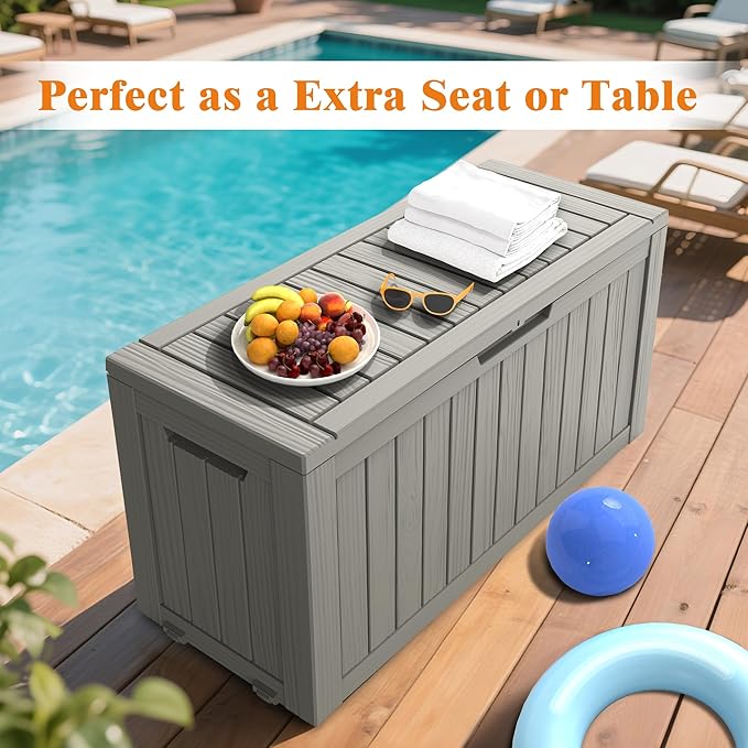 Outdoor Storage Box, Deck Box Waterproof 72 Gallon, Resin Outside Storage, Storage Bin for Package Delivery, Patio Furniture Cushion, Pool Accessories, Weatherproof and UV Resistant, Grey