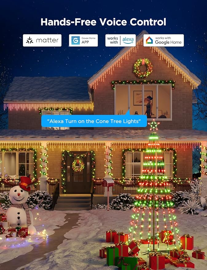 Govee Christmas Cone Tree Lights, 7.5ft 370 LEDs RGBIC Christmas Tree Lights with Smart App Control, IP67 Waterproof Outdoor String Lights for Christmas Decorations, 82+ Scene Modes, Music Sync