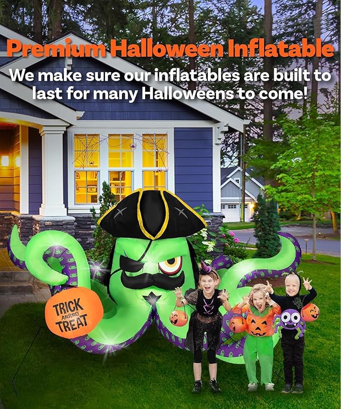 12FT Length Halloween Inflatables Pirate Octopus with Pumpkin, Halloween Blow Up Pirate Octopus Inflatables Built-in 9 Bright LEDs for Halloween Inflatable Outdoor Yard Lawn Garden Decoration