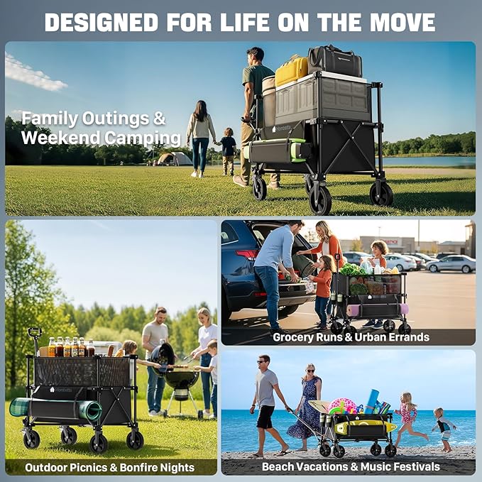 Adjustable Folding Wagon Cart, 150L–300L Expandable Capacity, 450LBS Heavy Duty Collapsible Utility Wagon with All-Terrain Wheels & Brake, Ideal for Beach, Camping, Garden & Outdoor Gear